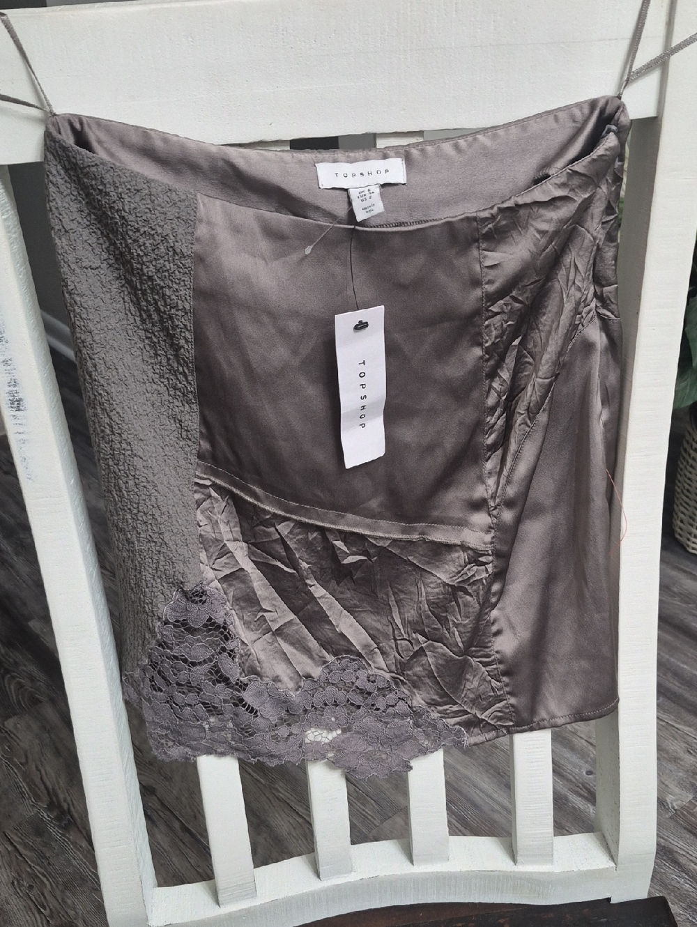 Topshop Gray Satin & Lace Mini Skirt